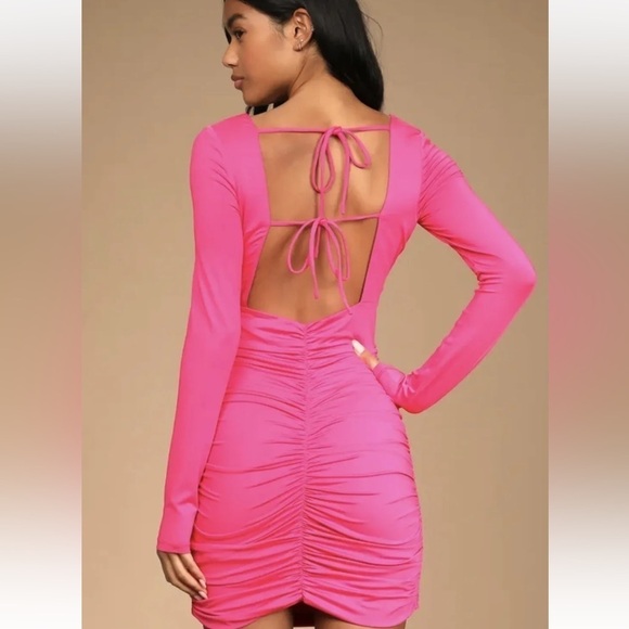 Lulu’s Hot Pink Long Sleeve Ruched Open Back Mini Dress - Picture 2 of 16